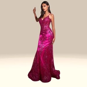 Magenta fitted floral glitter print corset gown